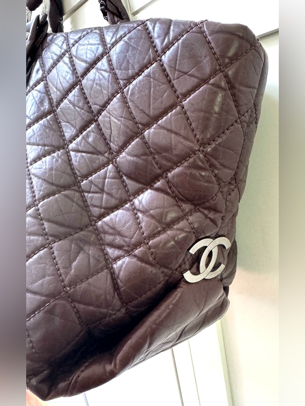 CHANEL Vintage Quilted Leather XL Tote Deep Plum Slouchy Shoulder Bag - Picture 5 of 14